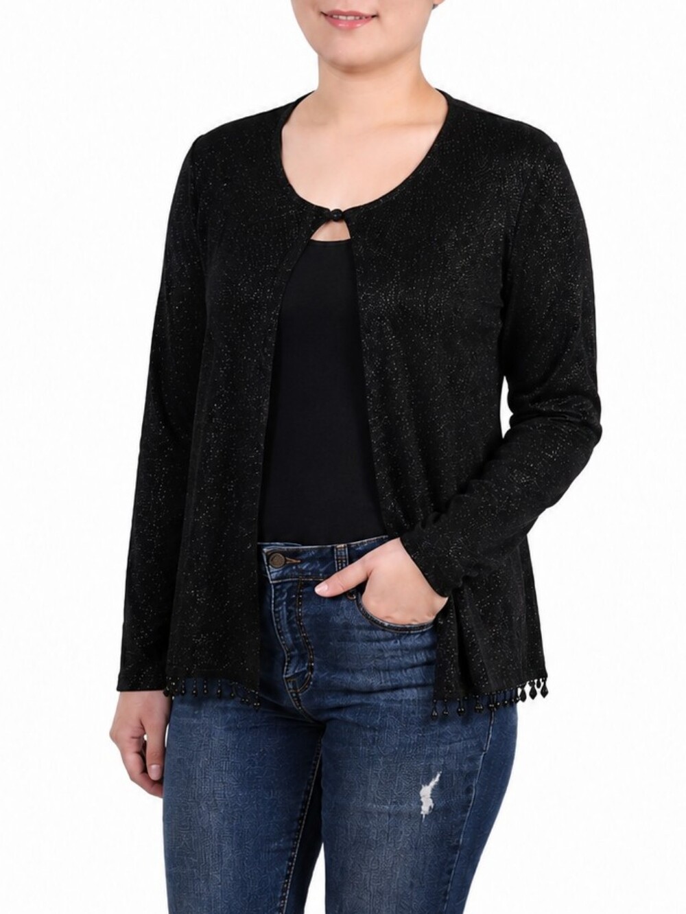 Dressbarn Collection Black Sparkle Cardigan Beaded Hem Size Large